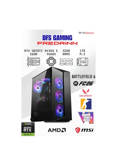 MSI DFS Gaming FREDRINN R5-9600X 16 GB 32 GB 1 TB M.2 SSD RTX5070Ti Free Dos Masaüstü Oyuncu Bilgisayarı