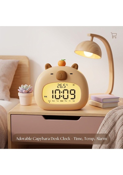 Cappybara Termometreli Çocuk Gece Lambası Masa Saati Açık Kahverengi