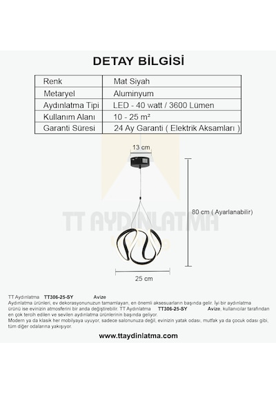 Tt306-25-sy Tt Aydınlatma Orta Kavis Mat Siyah Gün Işığı Ledl Siyah