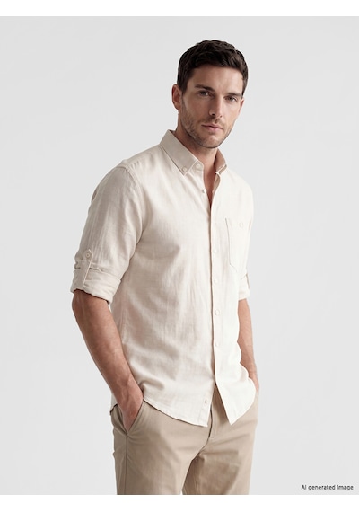 Lcwaıkıkı Classic Bej Regular Fit Keten Karışımlı Erkek Gömlek