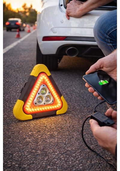 Şarjlı Led Üçgen İkaz Lambası Acil Durum Feneri Usb Şarjlı Yol Güvenlik Işığı