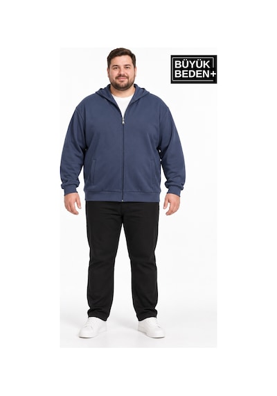 Süperlife Erkek Büyük Beden İki İplik Kapüşonlu Fermuarlı Cepli Sweatshirt Hırka Spr26bhr961 Indigo