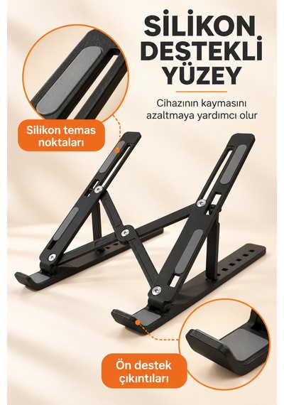 7 Kademeli Ayarlı Katlanabilir Laptop Ve Tablet Standı Siyah Kaymaz Silikon Destekli Masaüstü Tutucu