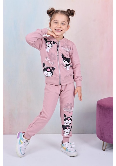 Karakter Baskılı Penye Ceketli - Penye Sweatshirt - Penye Pantolonlu Kız Çocuk 3lü Takım Gül Kurusu