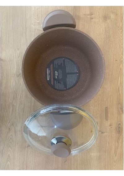 Oms Granit Cam Kapaklı Derin Tencere Kahve 22 CM