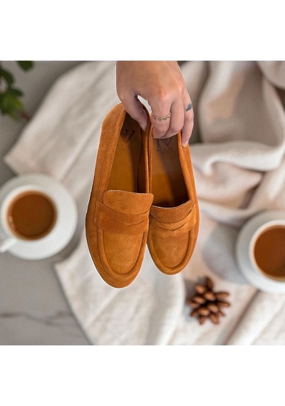 Ne&ve Shoes Taba Süet Hakiki Deri Kadın Loafer Ayakkabı