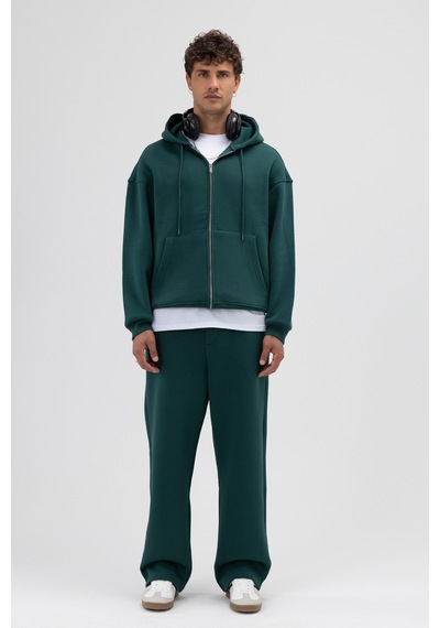 Vamos Basic Fermuarlı Oversize Kapüşonlu Sweatshirt Nefti Yeşil