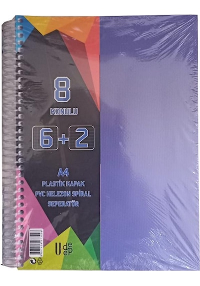 6+2 Ayraçlı Defter 8 Konulu 200 Yaprak 1 Adet 6 Kareli 2 Çizgili Spralli Plastik Kapak Seperatörlü Lila