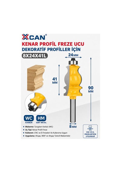 Dekoratif Kenar Profil Freze Ucu Rulmanlı 8x24x41x90 Mm