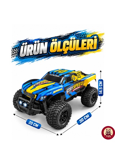 Uzaktan Kumandalı Arazi Aracı 20 Km Hız 2.4 Ghz Şarjlı Süspansiyonlu Büyük Teker Led Işıklı Rc Araba 30 Cm Mavi
