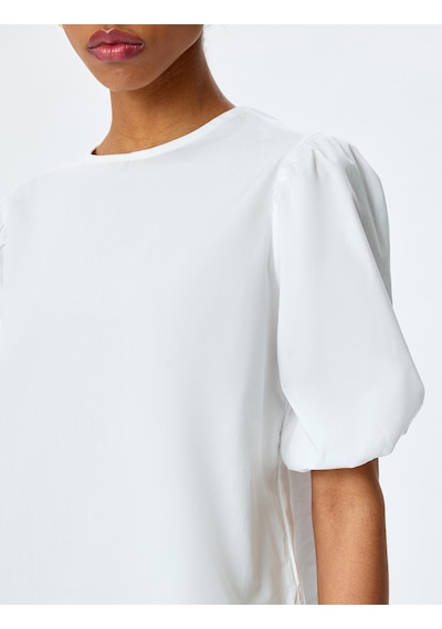 Koton Fiyonk Detaylı Poplin Pamuklu Bisiklet Yaka Balon Kollu Oversize Bluz Kırık Beyaz 5sak60213pw Ekru