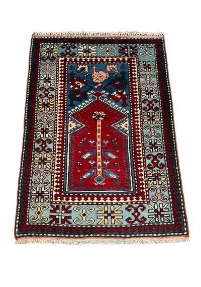 El Dokuma Sıfır Yörük Halısı Seccade 93x135 Turkuaz Yün Namazlık