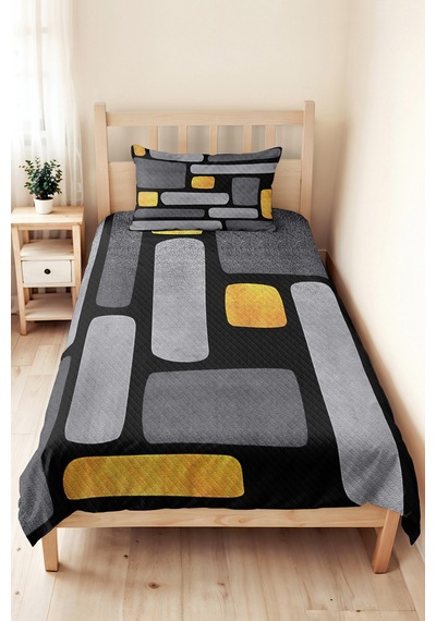 Geometrik Antrasit Sarı Genç Odası Tek Kişilik Pike Takımı - Modern Gri 160x220 Cm Yatak Örtüsü Mumlu Toprak Örtüsü
