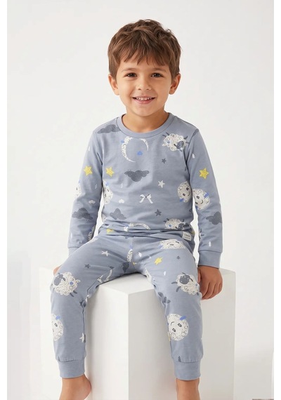 Zuzunga Unisex Mavi Ay Ve Kuzu Desenli Uzun Kollu Pijama Takımı Buz Mavi