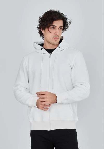 Barlashive Erkek 3 İplik Pamuklu Kapüşonlu Tam Fermuarlı Cepli Hoodie Sweatshirt - Beyaz Çok Renkli