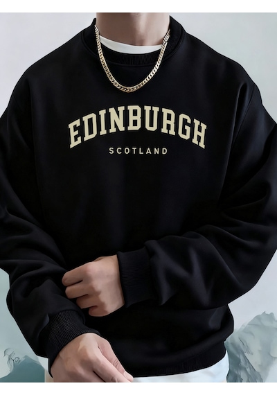 Startmore Startmoreedinburgh Scotlano Mektup Baskıları Gevşek Polar Kapüşonlular Erkek Cep Bisiklet Yaka Eşofman Siyah
