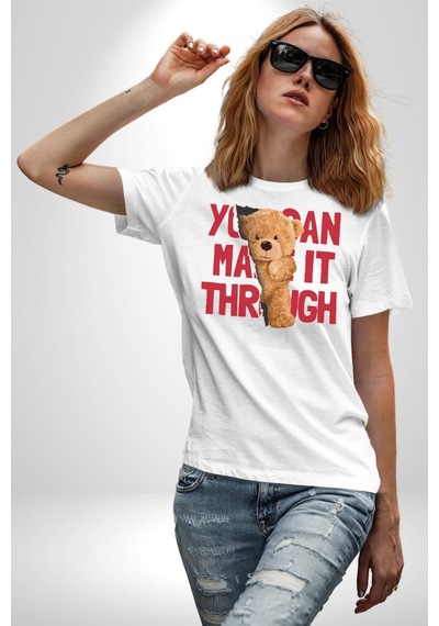Bunu Alabilirsin Çantadan Çıkan Ayı Unisex Unisex Beyaz Organik Baskılı T-shirt Penye Yüksek Kalite Beyaz