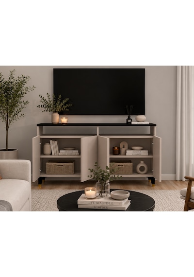 Yamaç Modern Tv Ünitesi 4 Kapaklı Ayaklı Televizyon Dolabı Salon Mobilyası Krem