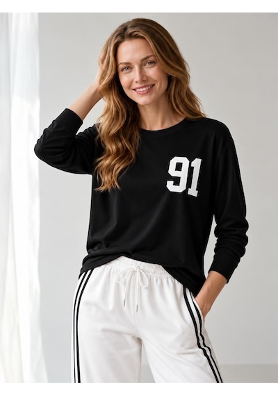 Nealirsanall.com Kadın "91" Baskılı Uzun Kollu İnce Sweatshirt / Body Siyah