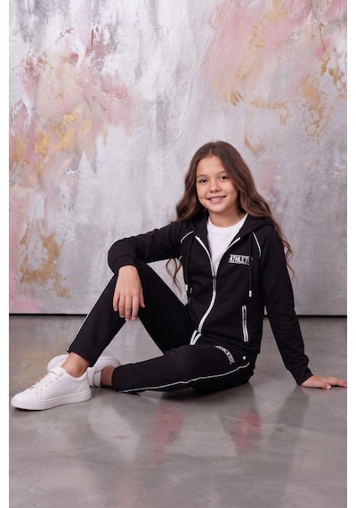 Pina Kids Kız Çocuk Atheletic Reglan Kol Kapüşonlu Düz Paça Dalgıç Kumaş Eşofman Takımı Esf7018 siyah