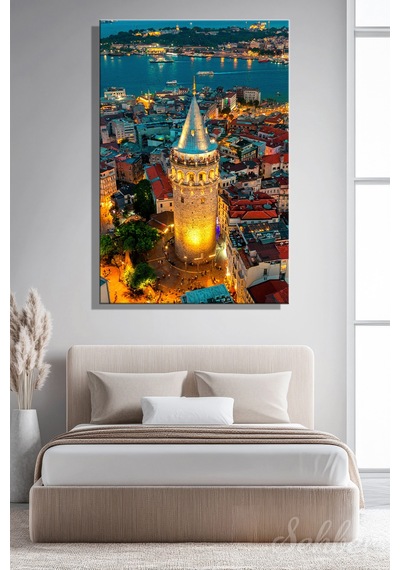 Kanvas Tablo İstanbul'daki Galata Kulesi Gece Manzarası Dikey Salon Tablosu - 4800 Çok Renkli