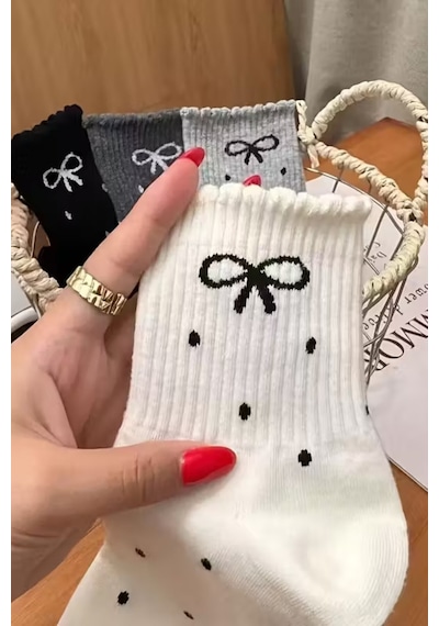 Hitit Socks Kadın 4 Çift Kurdale Ve Puantiye Desenli Günlük Kullanıma Uygun Japon Tarzı Kolej Çorap Çok Renkli