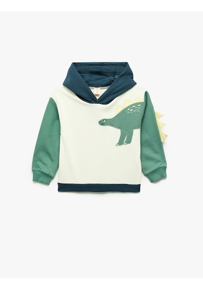 Koton Uzun Kollu Pamuklu Şardonlu Dinozor Baskılı Kapşonlu Sweatshirt Ekru 7wmb10012tk
