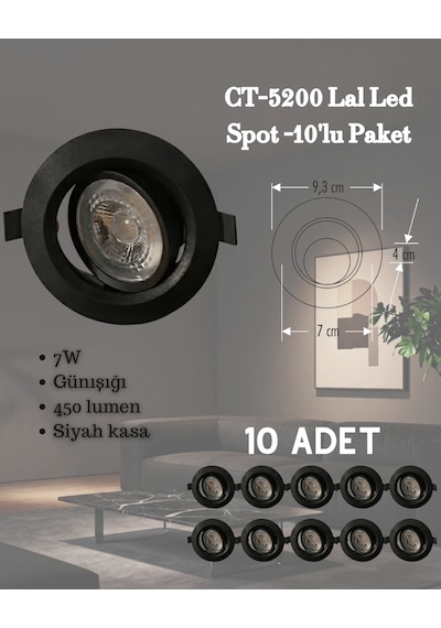 Cata Ct-5200 Lal Led Spot 7w Günışığı - 10 Lu Paket Siyah