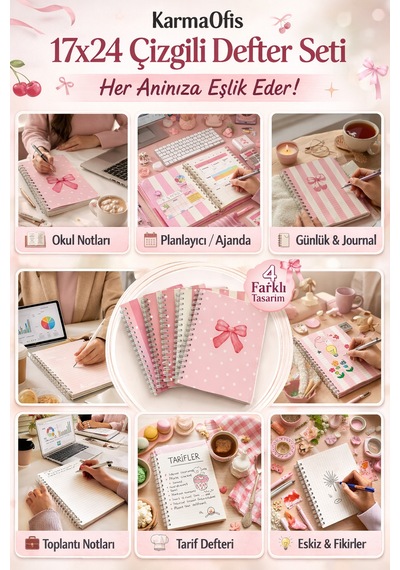 4'lü Spiralli Çizgili Defter Seti 17x24 120 Yp Kurdele, Kiraz Ve Puantiyeli Tasarım