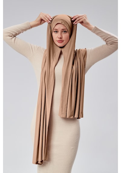 Sonbaharmoda Kadın Tesettür Penye Şal Hazır Pratik Geçmeli Kolayca Takabilir Uzun Dört Mevsim Pamuklu Şal Sütlü Kahve