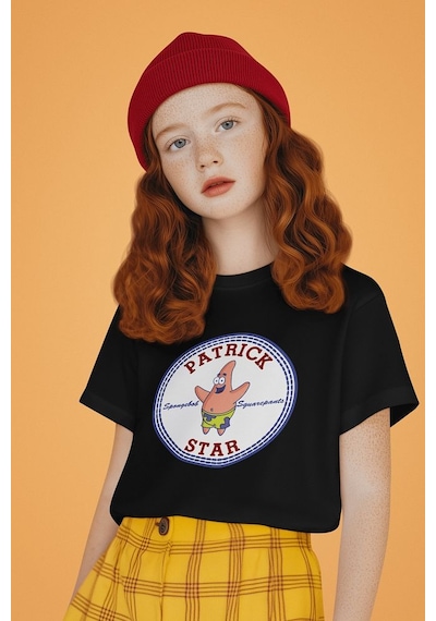 Sevbano Patrick Star Baskılı Unisex Çizgi Film Süngerbob Çocuk Tişört 1- SIYAH