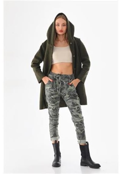 Eren Style Italyan Beli Bağlamalı Kamuflaj Desenli Dar Paça Pantolon-9078 Haki