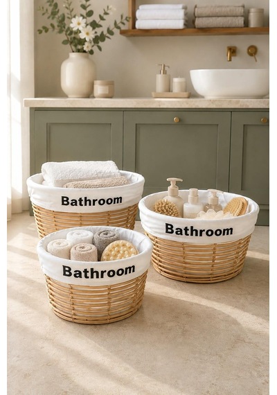 3'lü Premium Yuvarlak Kahverengi Organizer Sepet Seti 35, 30 Ve 25 Cm - Banyo Ve Dolap İçi