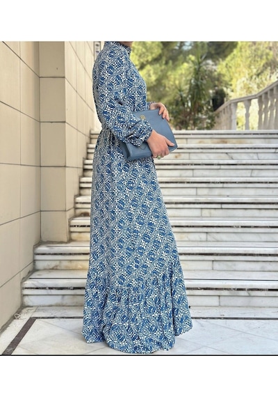 Lasorella Butik Desenli Mavi Uzun Elbise