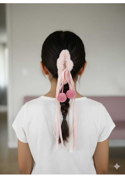 Peluş Pompomlu Kurdelalı Mandal Toka Pembe