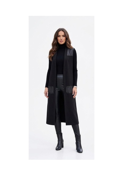 Onno Style Woman Likralı Viskon Penye Derili Taşlı Uzun Kadın Yelek Siyah