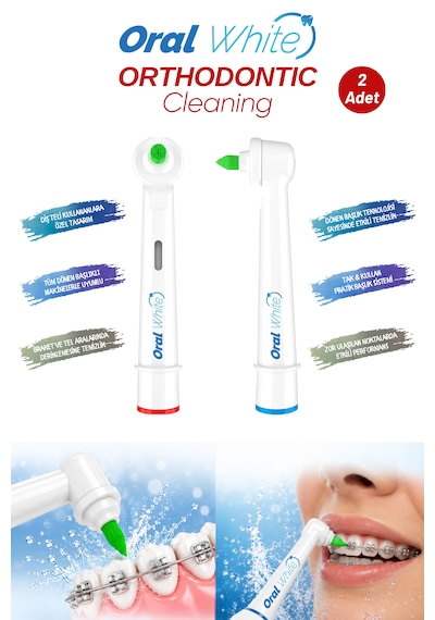 Oral White Orthodontic Cleaning Arayüz Fırçası Başlığı Diş Teli Olanlara Özel Dönen Başlıklı 2 Adet Yedek Başlık