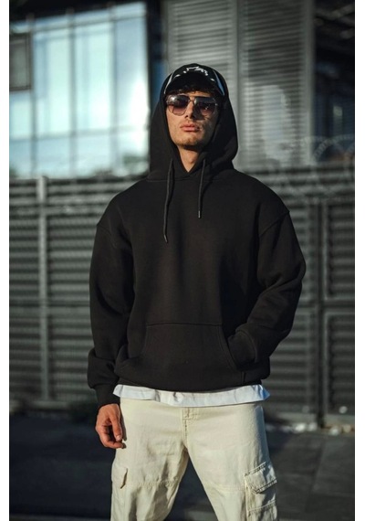 Yake Store Üç İplik Penye Kapşonlu Basic Sweatshirt - Siyah - Siyah