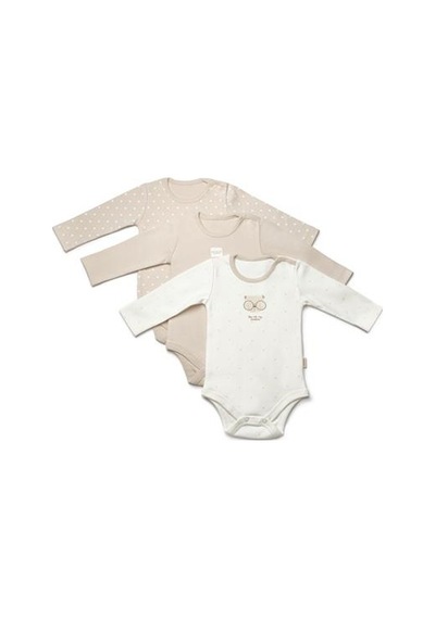 BabyCosy Organic Wear Bebek 3'lü Uzun Kollu Body %100 Organic Pamuk, Yenidoğan Serisi -csy8124 Ekru