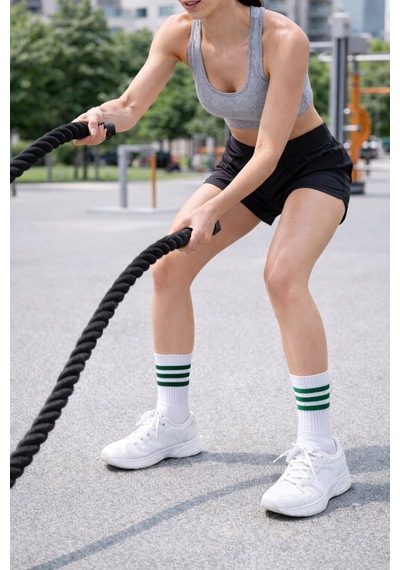 Plus Scorpion Beyaz Çizgili Tenis Çorabı Unisex Pamuklu, Uzun Spor Çorabı Beyaz