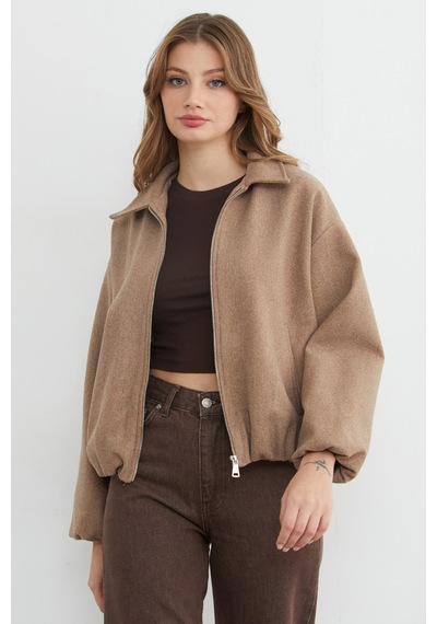 Fullamoda Fermuarlı Cepli Polo Yaka Kaşe Bomber Mont Vizon