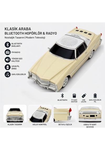 Buffer Retro Amerikan Klasik Araba Bluetooth Hoparlör, Işıklı Nostaljik Radyo Ve Kablosuz Müzik Çalar