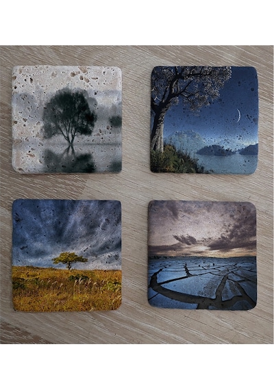 Tek Ağaçlı Manzaralar Doğal Taş Bardak Altlığı 4'lü Set - Natural Stone Coasters - Taş Mavi