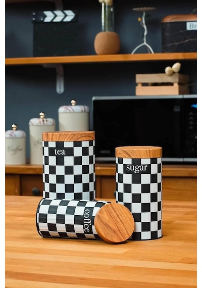 Ucr Home 3'lü Set Metal Çay Kahve Şeker Saklama Kavanozu - Dama Desenli Çok Renkli