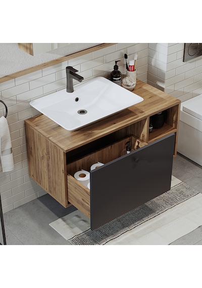 Lotus Lavabolu Mdf 95 Cm Çekmeceli Banyo Dolabı + Aynalı Dolap Atlantik Çam - Beyaz