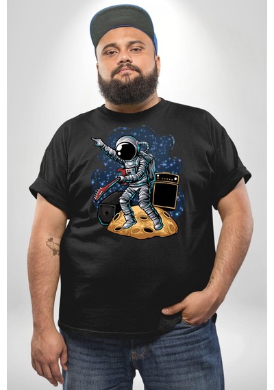 Angemiel Gitar Astronot Müzik Uzay Siyah Büyük Beden Erkek Kadın Unisex Basic Ön Baskılı Tişört Siyah