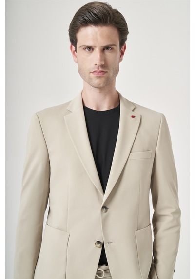 İmza Bej Mono Yaka 6 Drop Slim Fit Beli Lastikli Takım Elbise 1001260194 Koyu Bej