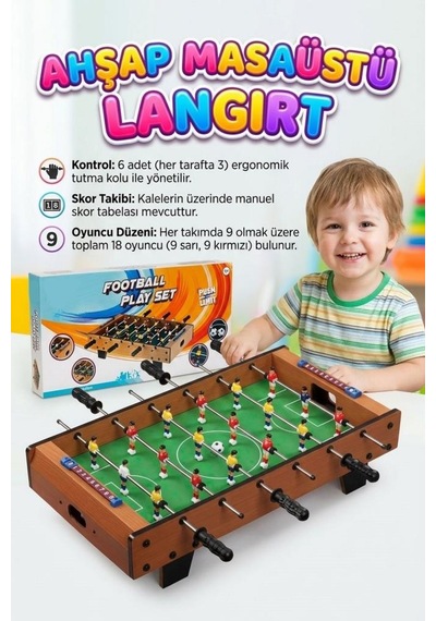 Ahşap 2 Kişilik Masaüstü Langırt 6 Kollu 2 Toplu 51cm Skor Tabelalı Eğlenceli Futbol Oyunu