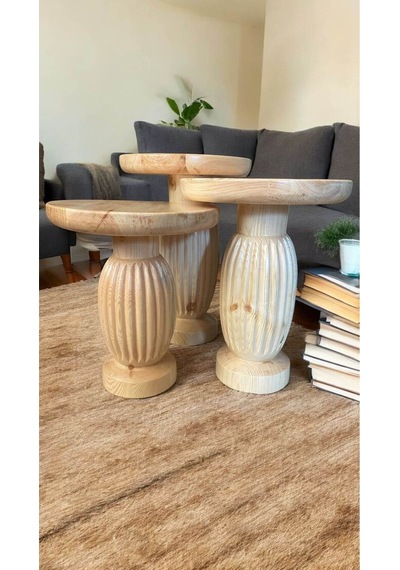 Wood Wooden Ahşap 3 Lü Set Fitilli Mantar Yan Sehpa Modern Naturel Renk Fiskos Kahverengi
