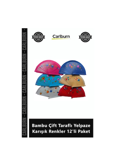Özel Üretim Kaliteli Dekoratif Hediyelik Bambu Çift Taraflı Yelpaze Karışık Renkler 12'li Paket